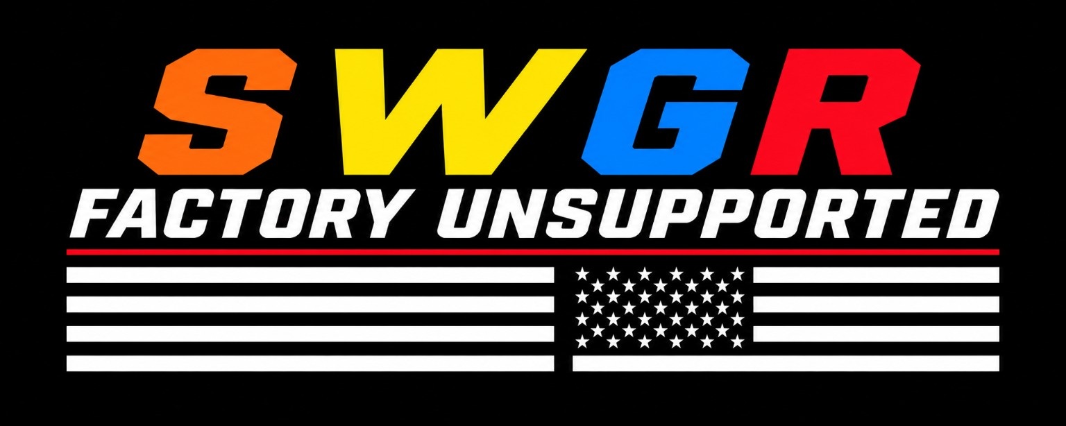 Southwest Gravity Riders Factory Unsupported logo in orange, yellow, blue, red and white on black.